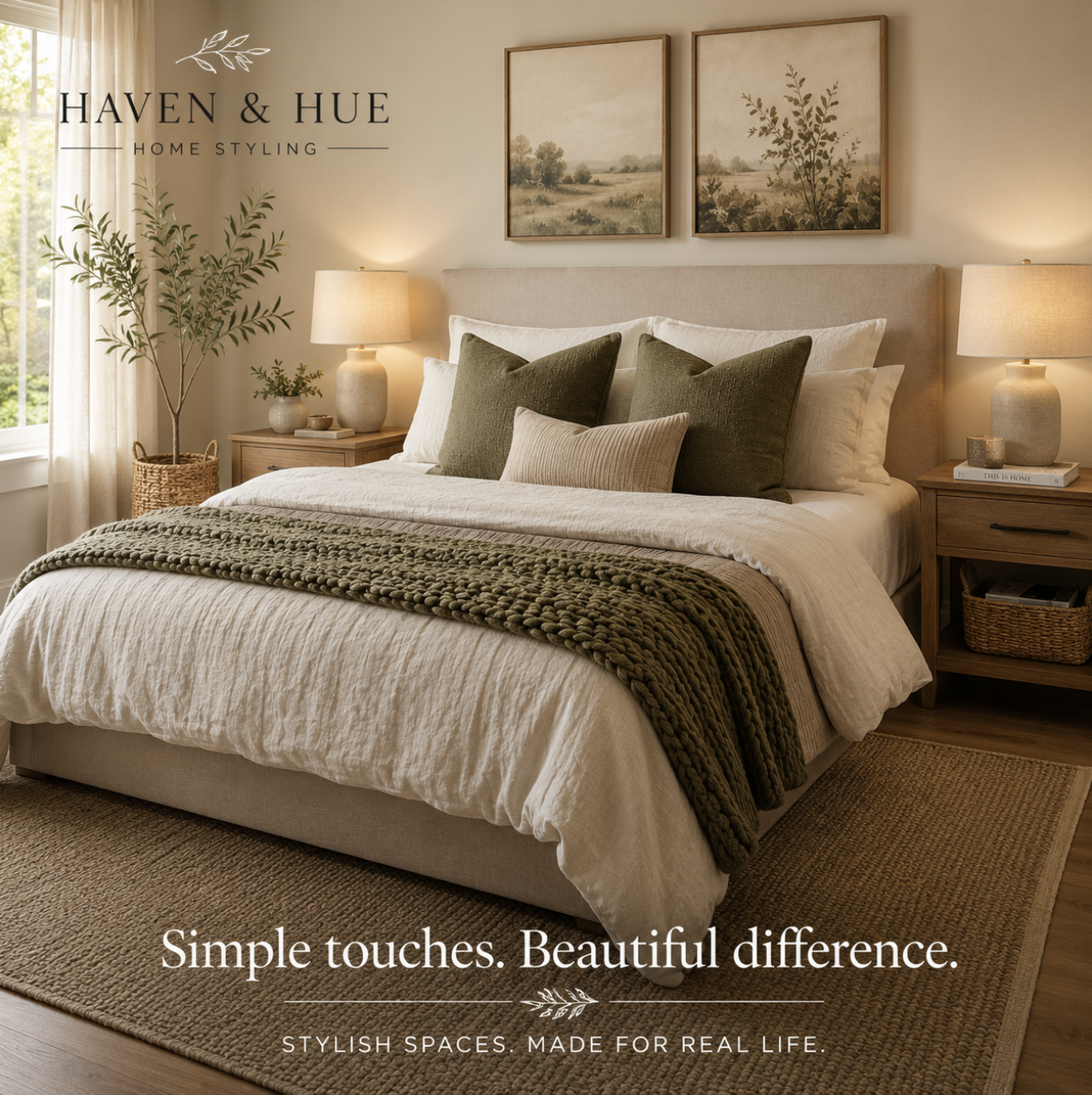 Styled bedroom with layered linen bedding, olive throw and warm lamp light