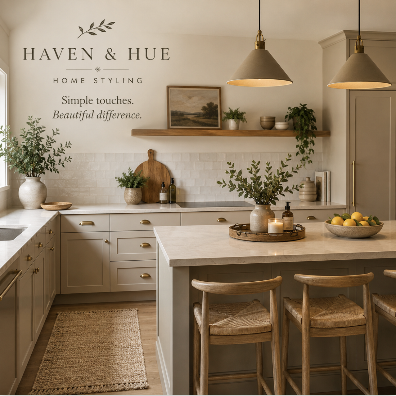 Warm styled kitchen with cream cabinetry, brass hardware, pendant lights and greenery