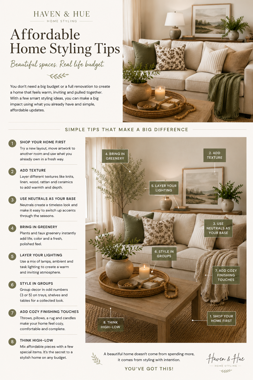 Haven & Hue affordable home styling tips infographic with styled neutral living room