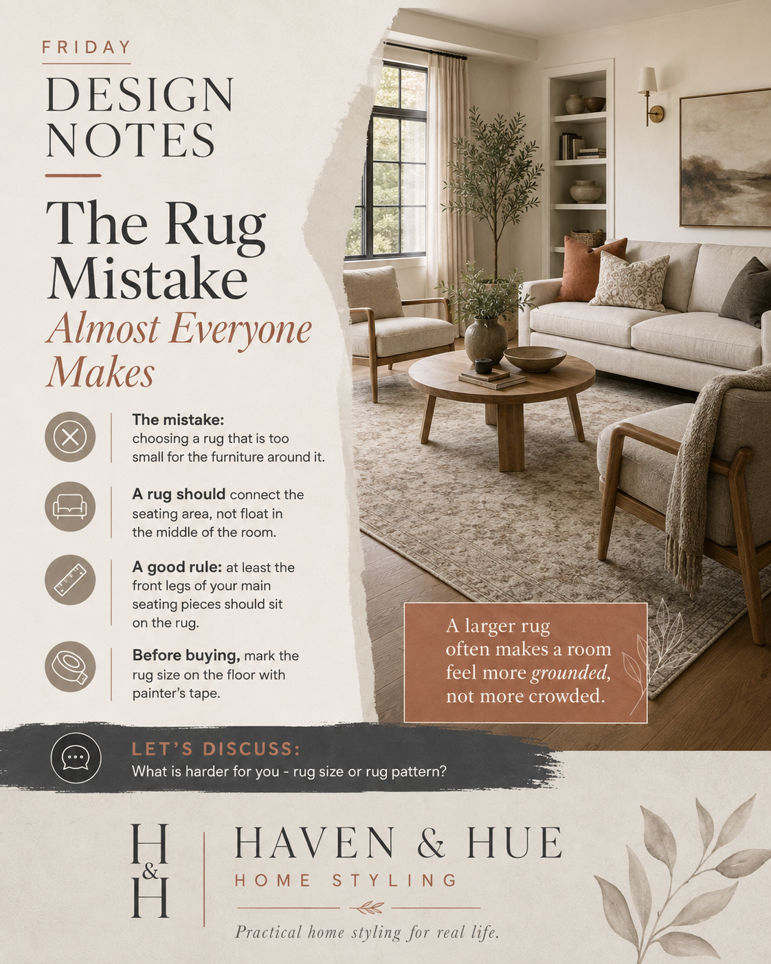 Haven & Hue Design Notes graphic about choosing the right rug size for a living room