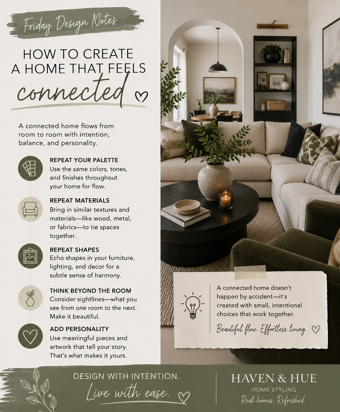 Haven & Hue Friday Design Notes graphic about creating a connected home, with a styled living room in warm neutrals and sage green